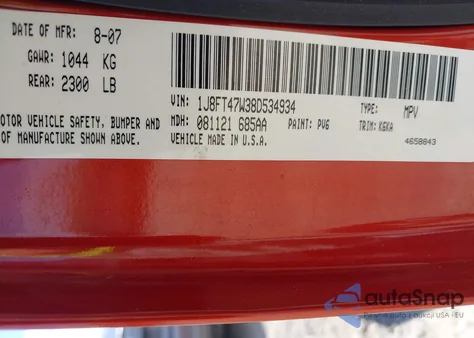 2008 Jeep Compass Sport from USA, damaged, VIN 1J8FT47W38D534934